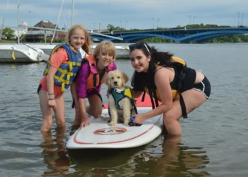 kayakers with a paddleboard and a puppy, all wearing life jackets